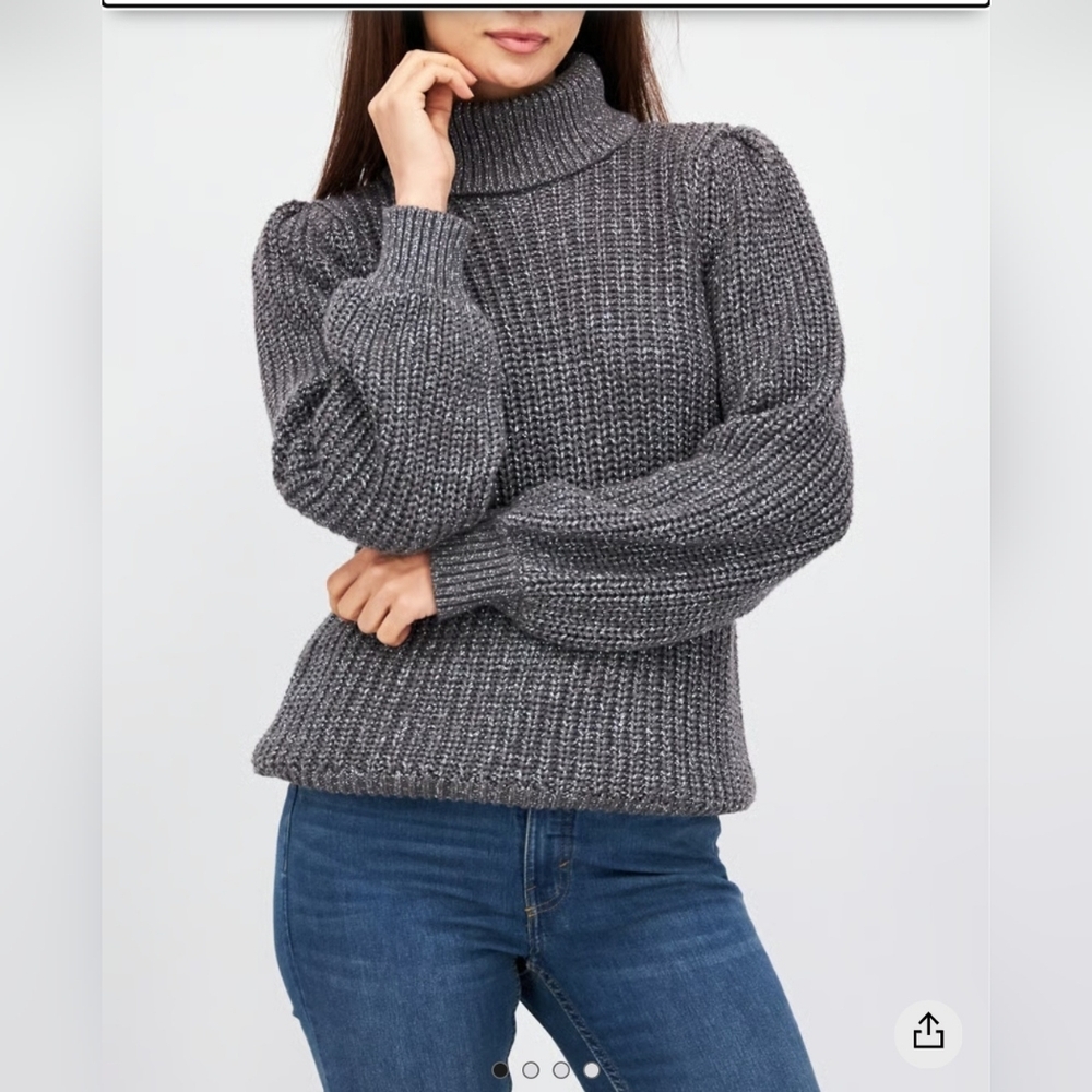 Women Turtle Neck Long Sleeve Metallic Sweater, Med Grey/Silver